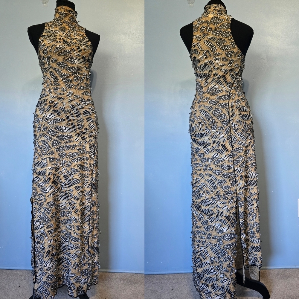 Evo Vorro Animal Print Mock Neck Maxi Dress Size M Tan